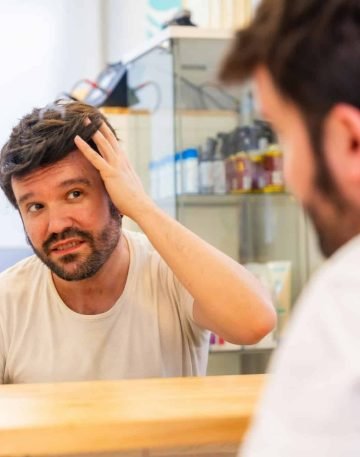 Bald man with capillary prosthesis looking into hair salon mirror